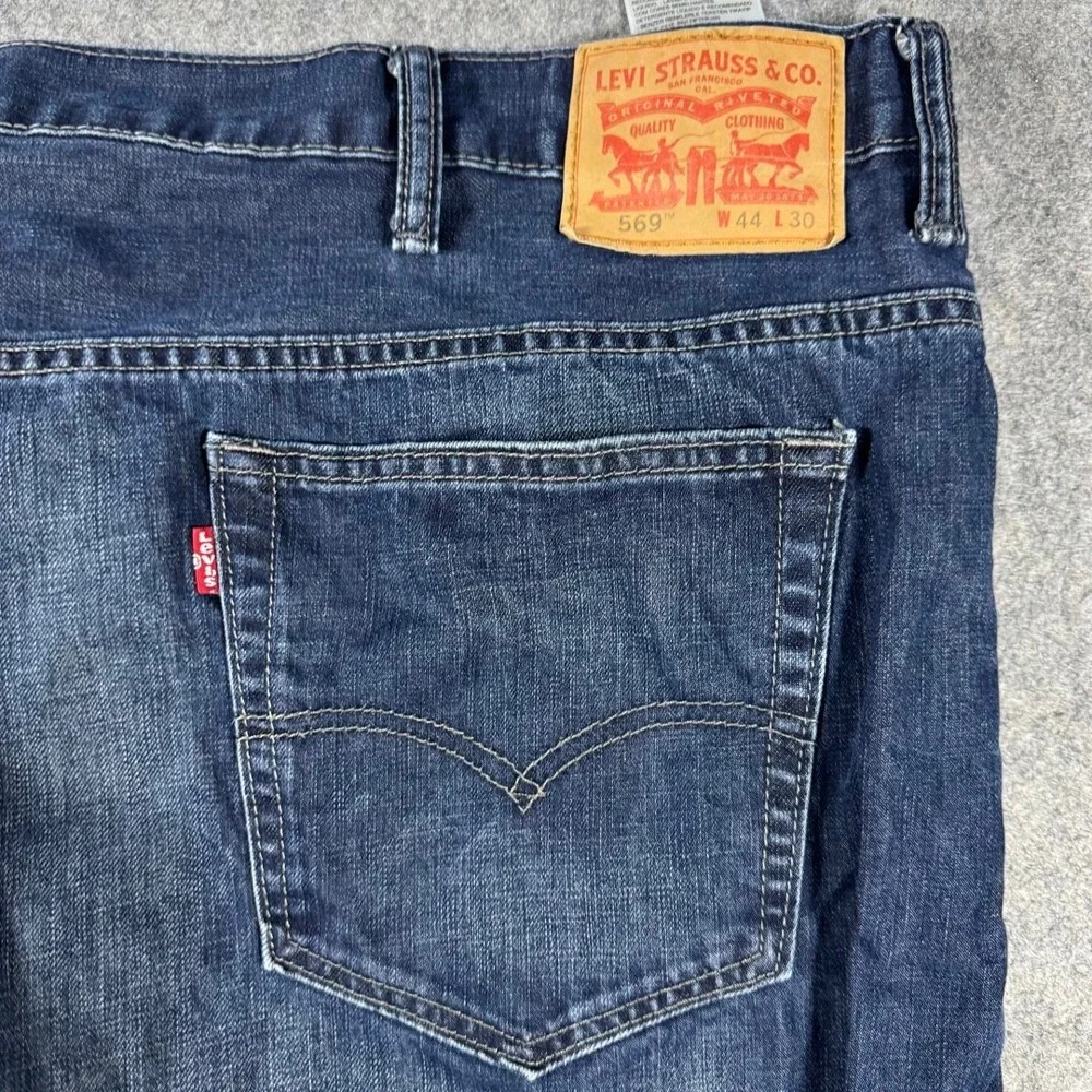 Levis 569 Loose Straight Jeans Mens 44x28 Blue Dark Wash Baggy Denim Pants Faded